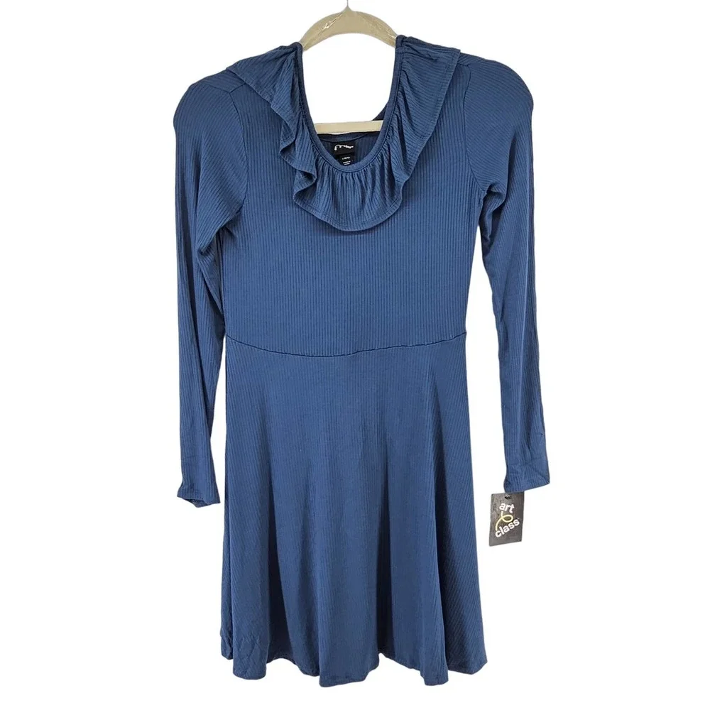 Art Class Ribbed Knit Long Sleeve Midi Dress‎ L (10/12) Blue New
